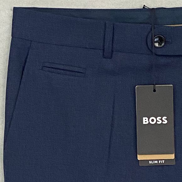 Boss Men's 38x33 Slim Fit Dress Pants Dark Blue Wool Blend Raw Hem Stretch NEW - Picture 6 of 12